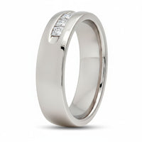 The 14k White Gold Princess Diamond Wedding Band 1/2 Cttw features a smooth, polished band set with three square-cut princess diamonds in a groove, all showcased against a plain white background.