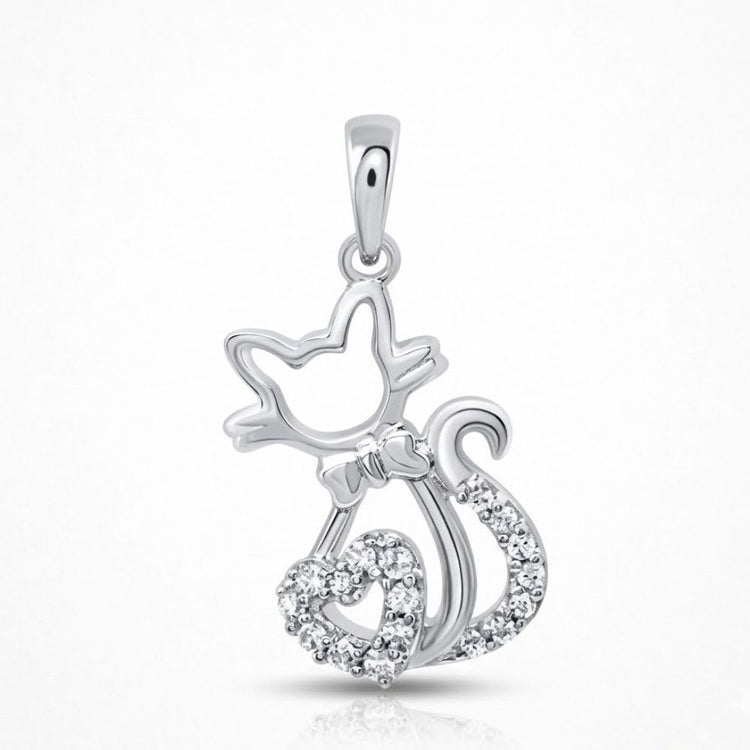 The 1/10 CTW Diamond Heart Cat Pendant in 10K Gold is perfect for cat lovers, featuring a gold cat outline with a heart-shaped, diamond-accented tail tip, shown on a plain white background.
