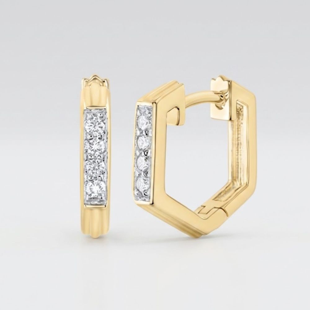 The 10k Gold Diamond Fashion Hoop Earrings 1/8CTW feature a vertical row of sparkling white diamonds on each hoop, shown against a light grey background.