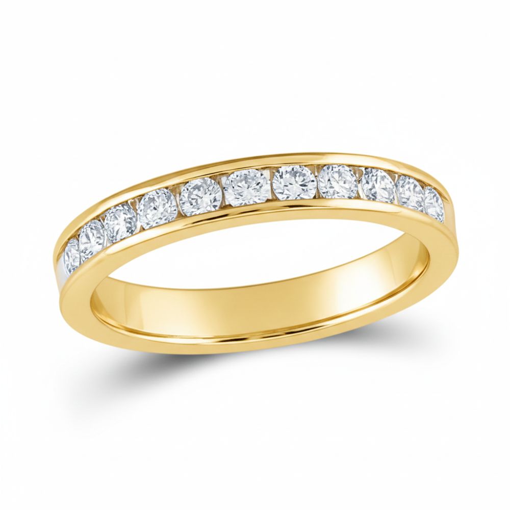 The 14k Gold Round Diamond Single Row Wedding Band 1/2 Cttw showcases a single row of white round diamonds set into the band, displayed on a white background.