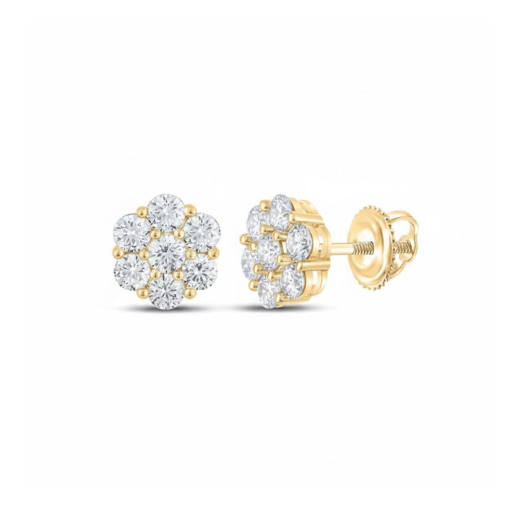 The 14k Gold Round Diamond Flower Cluster Earrings 1.5 Cttw feature sparkling round diamonds in a floral design and are secured with screw-back closures.
