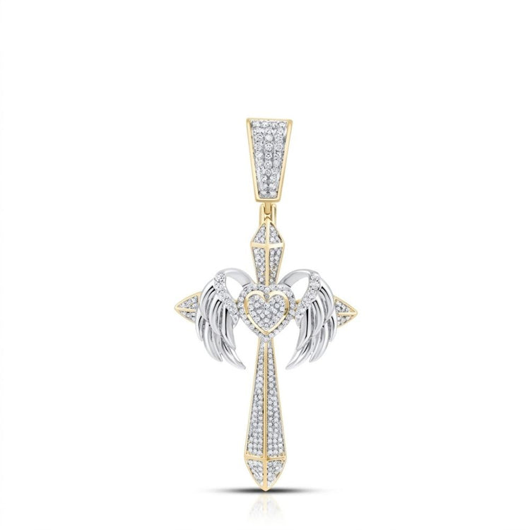 The 1 1/5CTW Natural Diamond Chrome Hearts Cross Charm in 10K gold features angel wings and a central heart, encrusted with sparkling diamonds for hip hop flair, displayed on a white background.