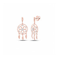 Elegant 10k gold diamond dream catcher earrings (1/10 CTTW) feature a central flower motif with clear gemstones and three feather charms on each circle for a delicate, sophisticated look.
