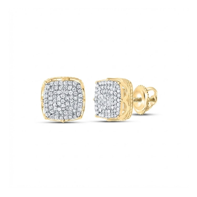 The 1/2CTW Diamond Cushion Earrings in 10K gold feature multiple small natural diamonds in a pavé setting and secure screw-back closures, shown against a white background.