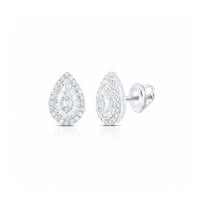 1/2CT Pear Baguette Diamond Earrings in 10k Gold feature teardrop-shaped natural diamonds with a halo of smaller stones, set in 10k white gold and secured with screw-back posts.