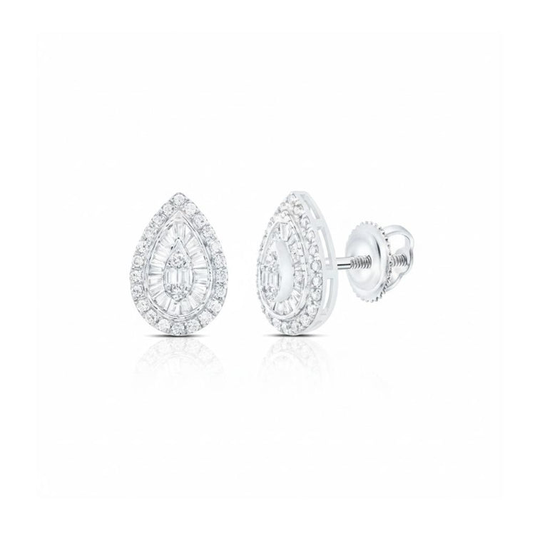 1/2CT Pear Baguette Diamond Earrings in 10k Gold feature teardrop-shaped natural diamonds with a halo of smaller stones, set in 10k white gold and secured with screw-back posts.