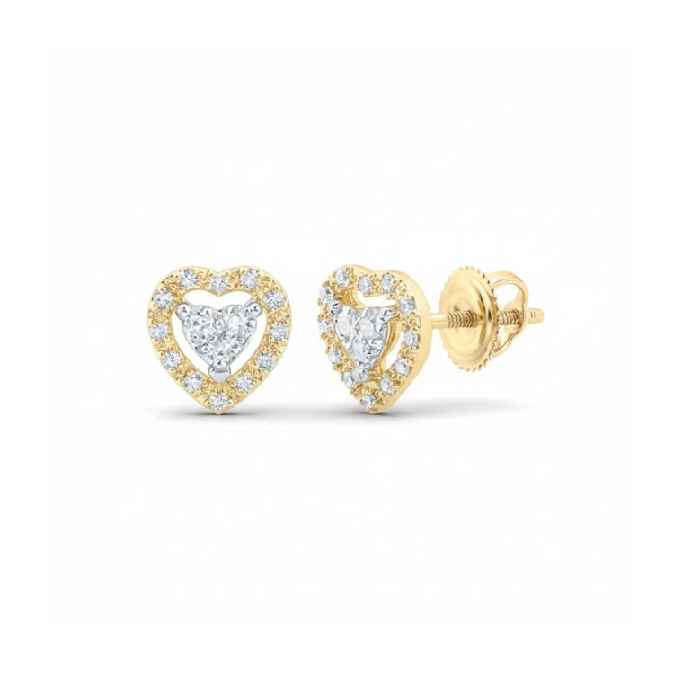 10k Gold Diamond Heart Earrings 1/10 CTW feature heart-shaped designs with a central diamond, bordered by round diamonds and finished with secure screw-back posts, shown against a white background.