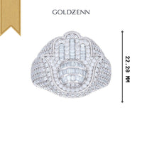The Baguette Moissanite Hamsa Symbol Religious Ring, crafted in sterling silver and encrusted with diamonds, is displayed on a white background with GOLDZENN above and a 22.20 mm measurement to the right.