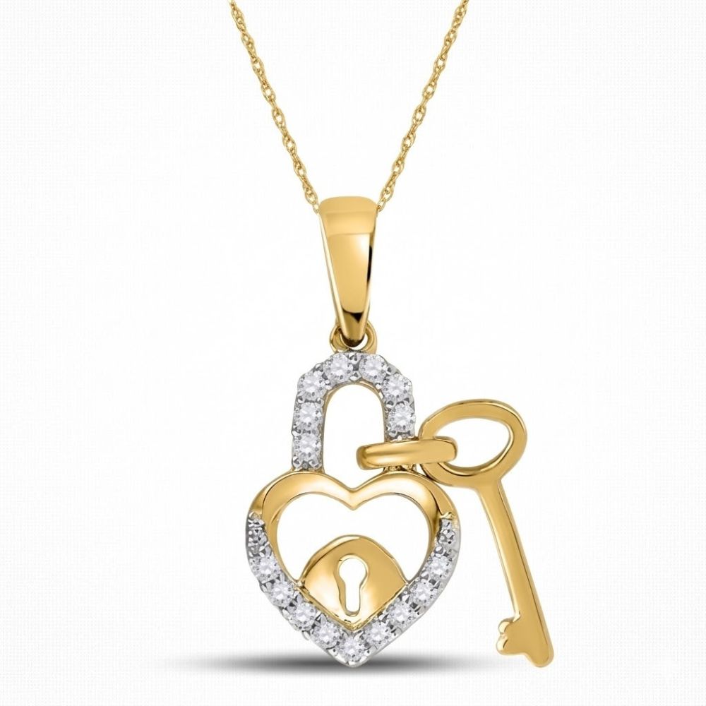 The 10k Gold Diamond Heart Lock Key Pendant (1/10 CTTW) features a heart-shaped lock outlined with diamonds and a matching key on a delicate chain—a beautiful diamond necklace for any occasion.