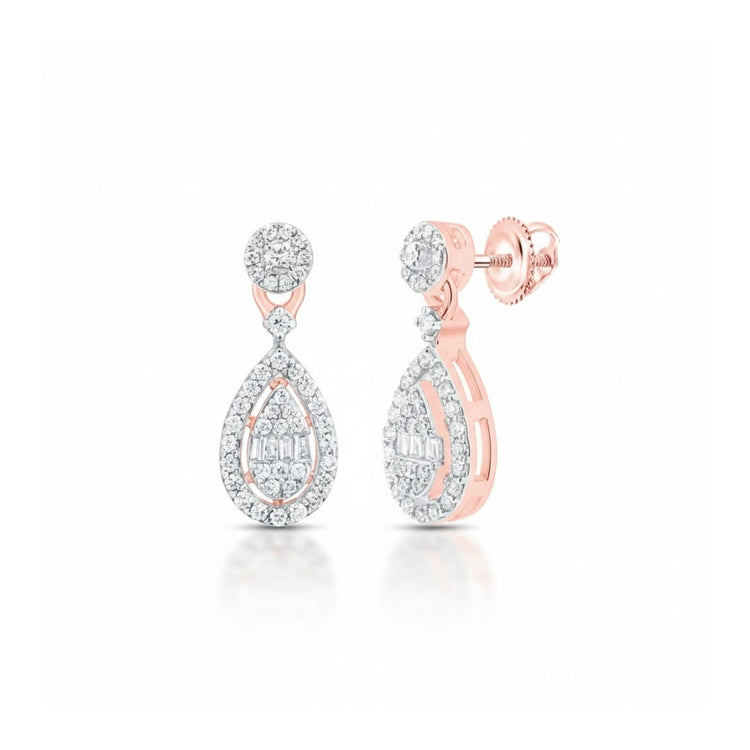 The 1/3CTW Natural Diamond Pear Dangling Earring showcases a round stud with a pear drop, both set with sparkling natural diamonds in 10k gold, and is secured with screw-back closures.