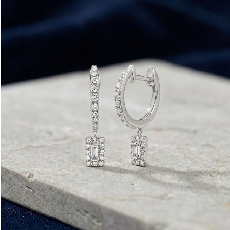 10K Gold Diamond Hoop Dangle Earrings 1/3 CTTW featuring a row of small pavé diamonds and a rectangular drop pendant with a central baguette diamond surrounded by smaller stones.