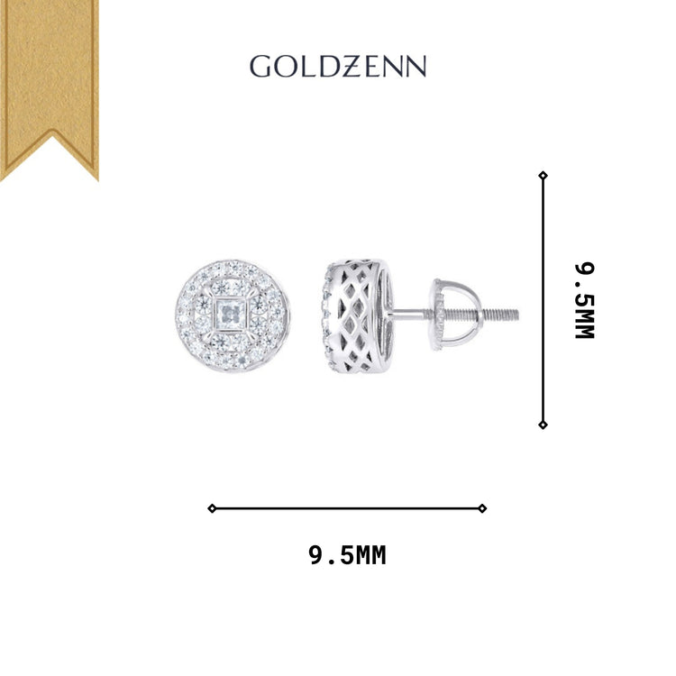 The 925 Silver Princess-Cut Moissanite Stud Earrings feature a lattice-patterned side with clear stones, measure 9.5mm, and display the GOLDZENN logo above their elegant design.