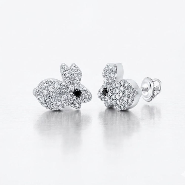 A pair of 10K Gold Black Diamond Earrings 1/4 CTW, bunny-shaped with small white gemstone accents and black diamond eyes, displayed on a plain light background.