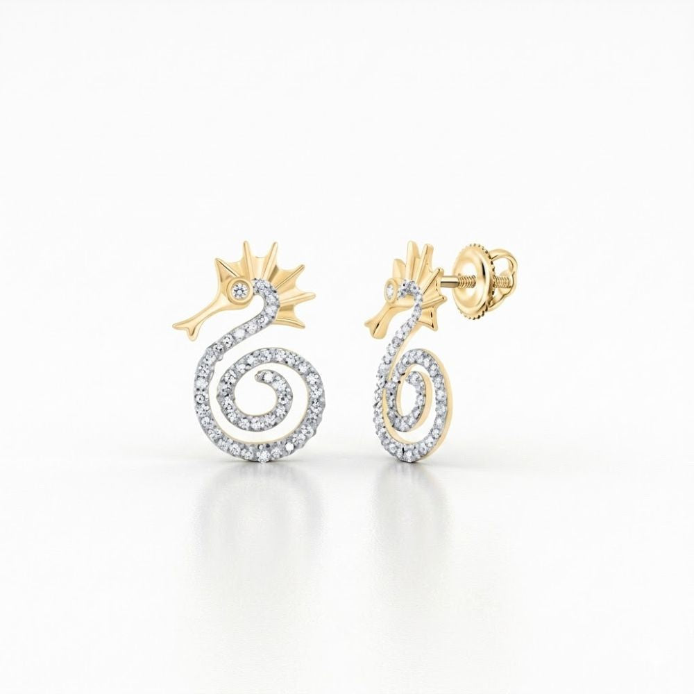 The 1/4CTW Natural Diamond Seahorse Earrings in 10K gold feature a spiral design accented with sparkling diamonds, shown against a plain white background.