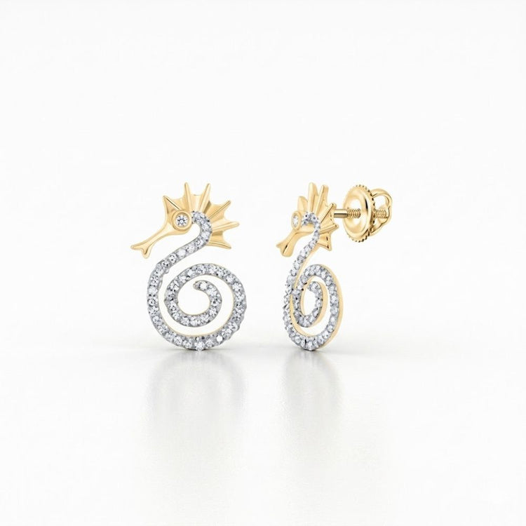 The 1/4CTW Natural Diamond Seahorse Earrings in 10K gold feature a spiral design accented with sparkling diamonds, shown against a plain white background.