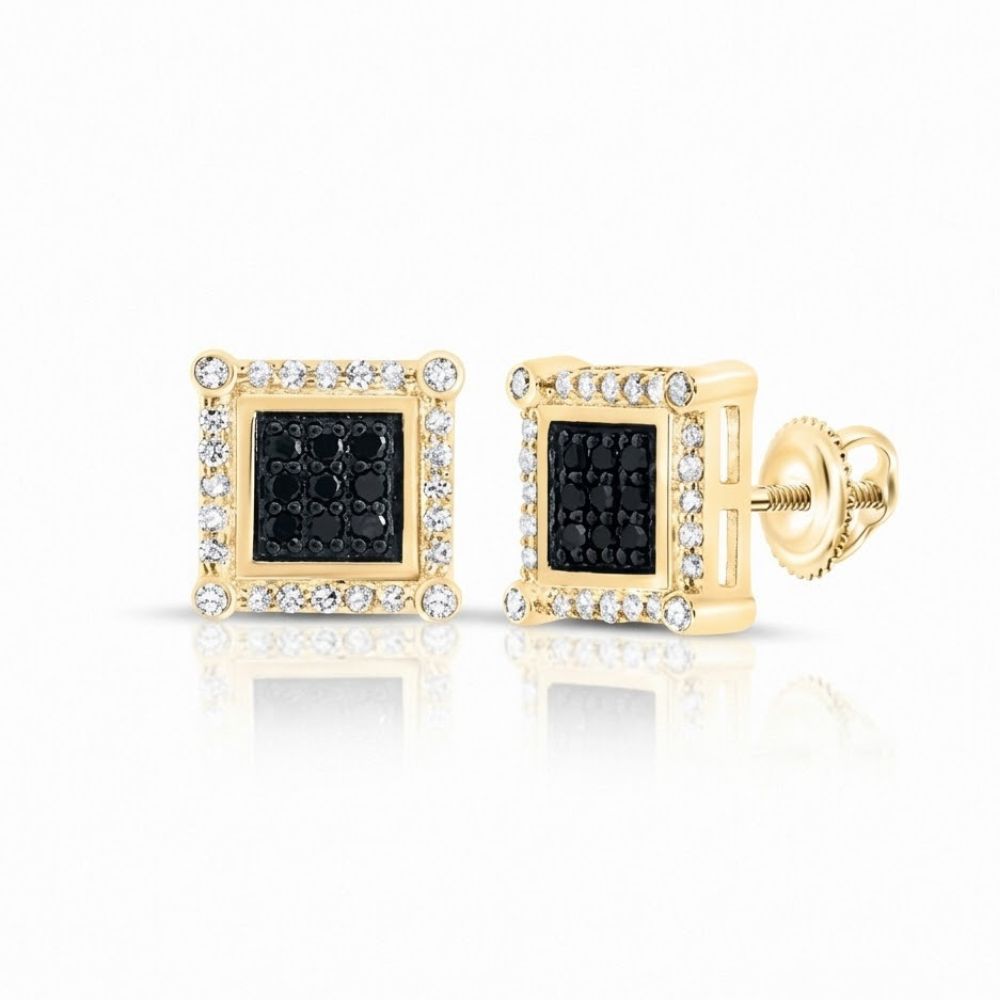 The 10K Gold Black Diamond Square Earrings 1/4 CTTW feature black center stones framed by white stones in a square design and secure screw-back closure—ideal for unique diamond jewelry lovers. Shown on a white background.