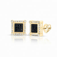 The 10K Gold Black Diamond Square Earrings 1/4 CTTW feature black center stones framed by white stones in a square design and secure screw-back closure—ideal for unique diamond jewelry lovers. Shown on a white background.