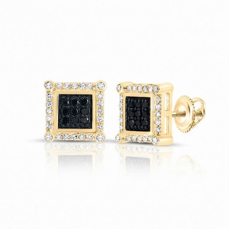 The 10K Gold Black Diamond Square Earrings 1/4 CTTW feature black center stones framed by white stones in a square design and secure screw-back closure—ideal for unique diamond jewelry lovers. Shown on a white background.