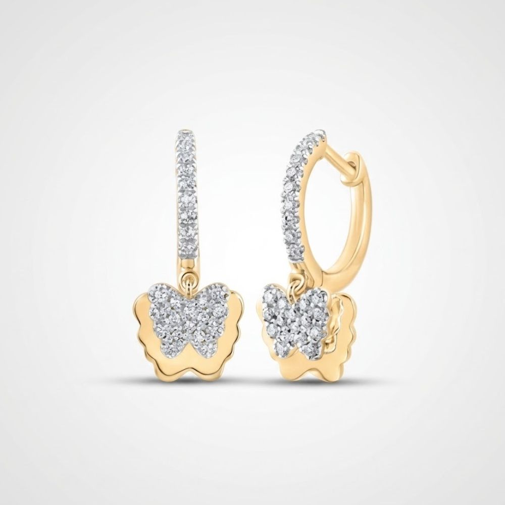 The 10k Gold Diamond Butterfly Hoop Earrings 1/4 Cttw feature sparkling diamonds and delicate butterfly designs, showcased elegantly against a light gray background.