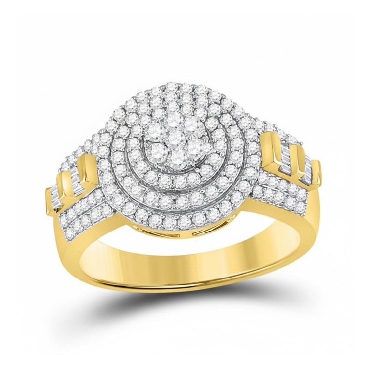 The 10k Two-Tone Gold Diamond Circle Flower Ring features a dazzling round flower cluster of diamonds at the center, with concentric circles and diamond accents on the band for a total weight of 1-1/5 Cttw.