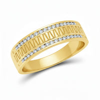 The 14k Yellow Gold Diamond Double Row Wedding Band features double rows of small round diamonds on the edges, a central geometric engraved pattern, and a polished finish for contemporary elegance.