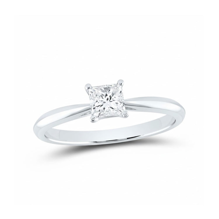 The 1CT Princess Cut Diamond Solitaire Ring in 14k gold showcases a stunning princess cut diamond in a four-prong setting on a plain band, presented against a white background.