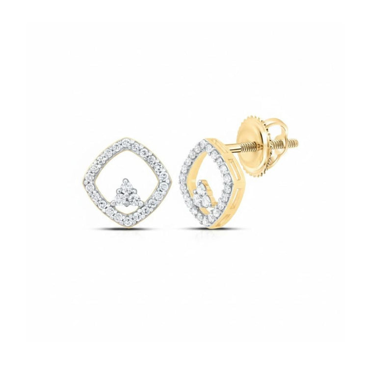 The 1/6 CTW Natural Diamond Cushion Earrings are 10k gold studs, featuring a cushion outline with a three-diamond center cluster, small accent diamonds, and secure screw-back posts for classic elegance.
