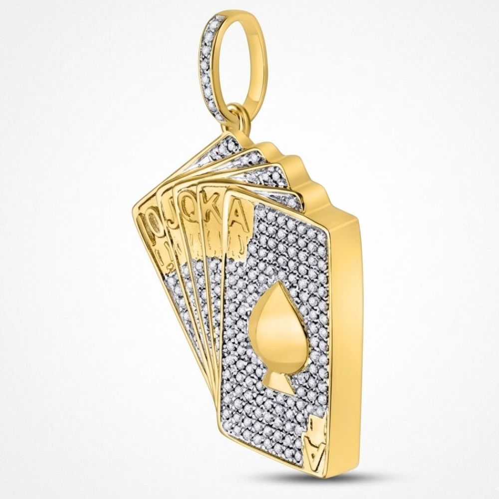 The 10K Gold Diamond Royal Flush Pendant 5/8 CTTW features a fan of playing cards—10, J, Q, K, and Ace of spades—in yellow gold. Round diamonds accent the design and a top loop lets you easily attach it to your chain.