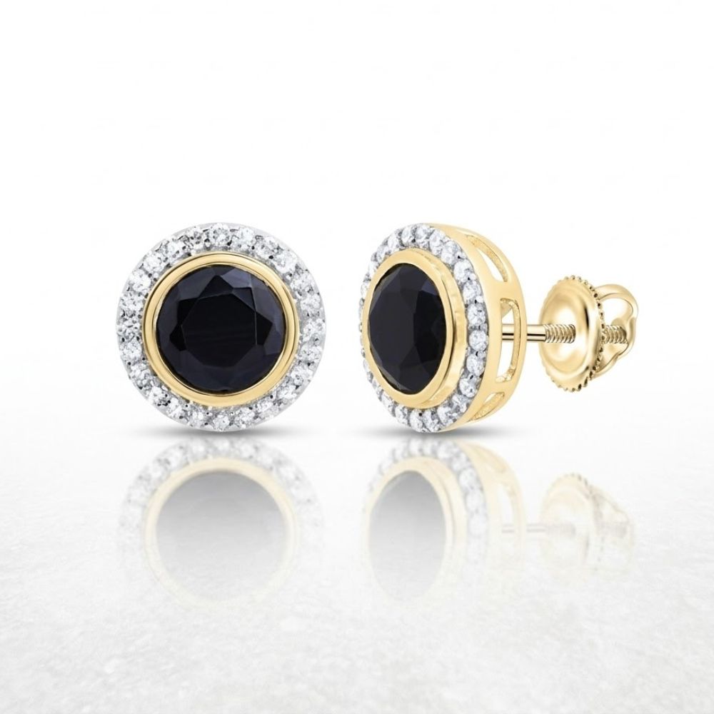 The 1/4 CTW Diamond Round Onyx Black Earrings showcase large round black onyx centers, each encircled by sparkling natural diamonds and finished with screw-back posts, displayed on a white reflective surface.