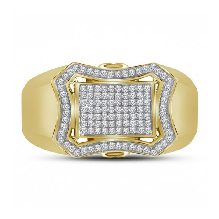 The 10k Yellow Gold Diamond Curved Octagon Ring 1/3 Cttw features a rectangular diamond cluster center, geometric wavy pave-set diamond border, and wide polished gold sides.