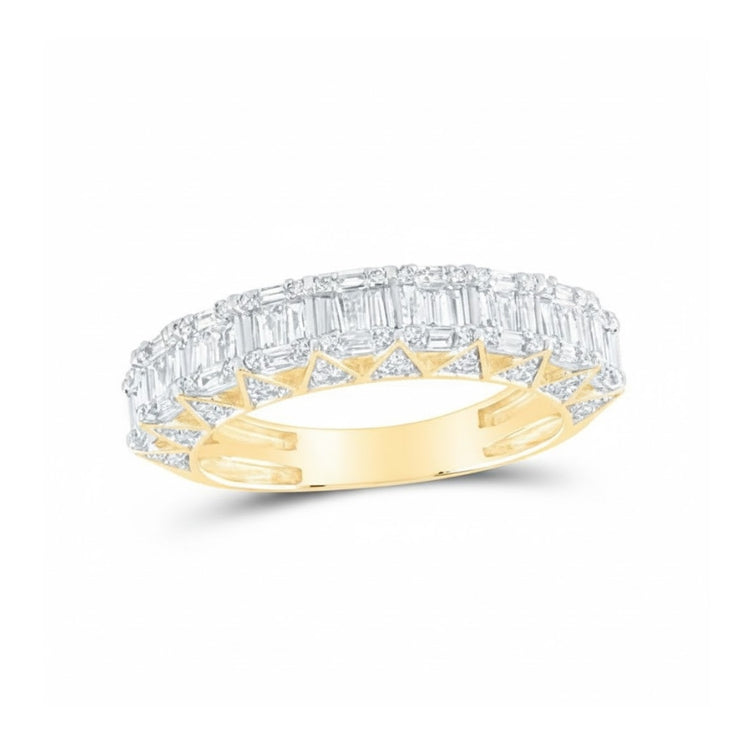 The 10k Gold 1 Ctw Diamond Fashion Band Ring features large rectangular diamonds across the band with smaller accent diamonds along the edges, creating a stunning look, shown on a white background.