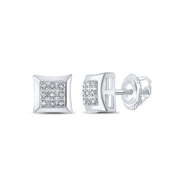 10K Gold Diamond Square Earrings 1/20 CTTW, featuring a grid of pavé-set round diamonds at the center and secure screw-back posts, are beautifully displayed on a white background.