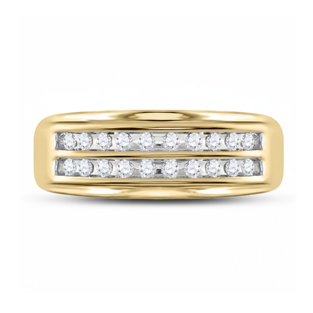 The 10k Gold 2-Row Diamond Wedding Band – 1/4 Cttw features two parallel rows of channel-set round white diamonds at the center, creating an elegant and sparkling design.