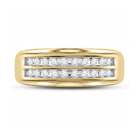 The 10k Gold 2-Row Diamond Wedding Band – 1/4 Cttw features two parallel rows of channel-set round white diamonds at the center, creating an elegant and sparkling design.