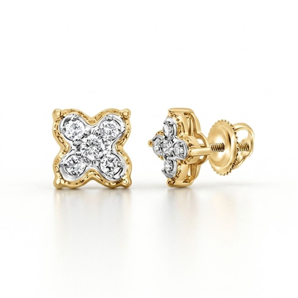 The 1/6CTW Natural Diamond Clover Earrings in 10K gold feature a four-petal flower design with multiple small natural diamonds, shown from front and side views on a white background.