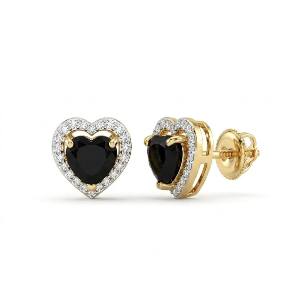 The Heart Black Onyx Diamond Earrings 1/5CTW 10k Gold feature heart-shaped black onyx stones bordered by natural diamonds, shown on a white background.