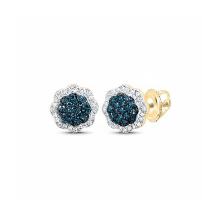 These 1/4CTW Blue Diamond Flower Earrings in 10k Gold feature a floral design accented with blue diamonds at the center and a border of sparkling stones.