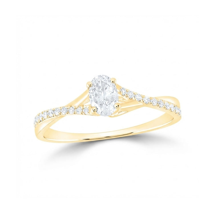 The 14k Gold Oval Diamond Solitaire Engagement Ring 3/8 Cttw features a twisted band with small diamonds and a striking oval diamond solitaire at the center.