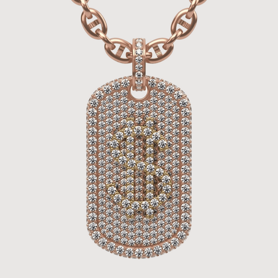 14K gold diamond dollar sign dog tag pendant with shimmering chain, showcasing luxurious design and dazzling craftsmanship.