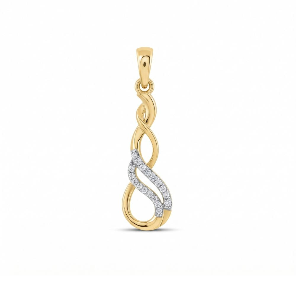 The 1/20 CTW Diamond Infinity Pendant in 10k gold features an elegant infinity twist, with natural diamonds accenting one curve, set against a plain white background.