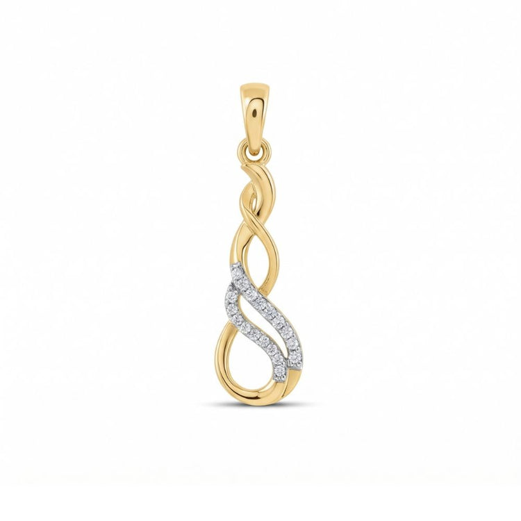 1/20 CTW Diamond Infinity Pendant crafted in 10k gold, showcasing an elegant twisted infinity design with a row of natural diamonds along one curve, set against a plain white background.