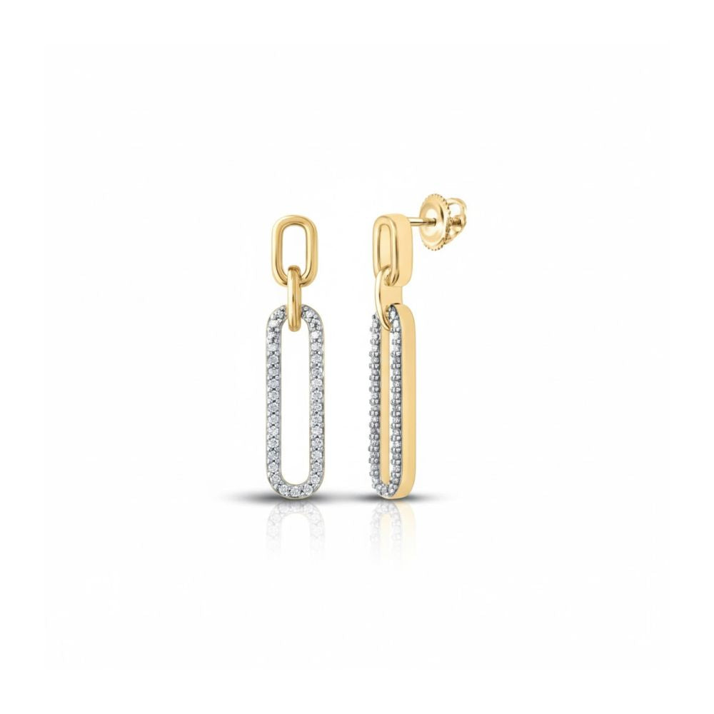 The 10k Gold Round Diamond Oblong Dangle Earrings feature elongated, interlocking oval links with larger bottom links partially encrusted with pave-set round diamonds for a two-tone look and butterfly backings.