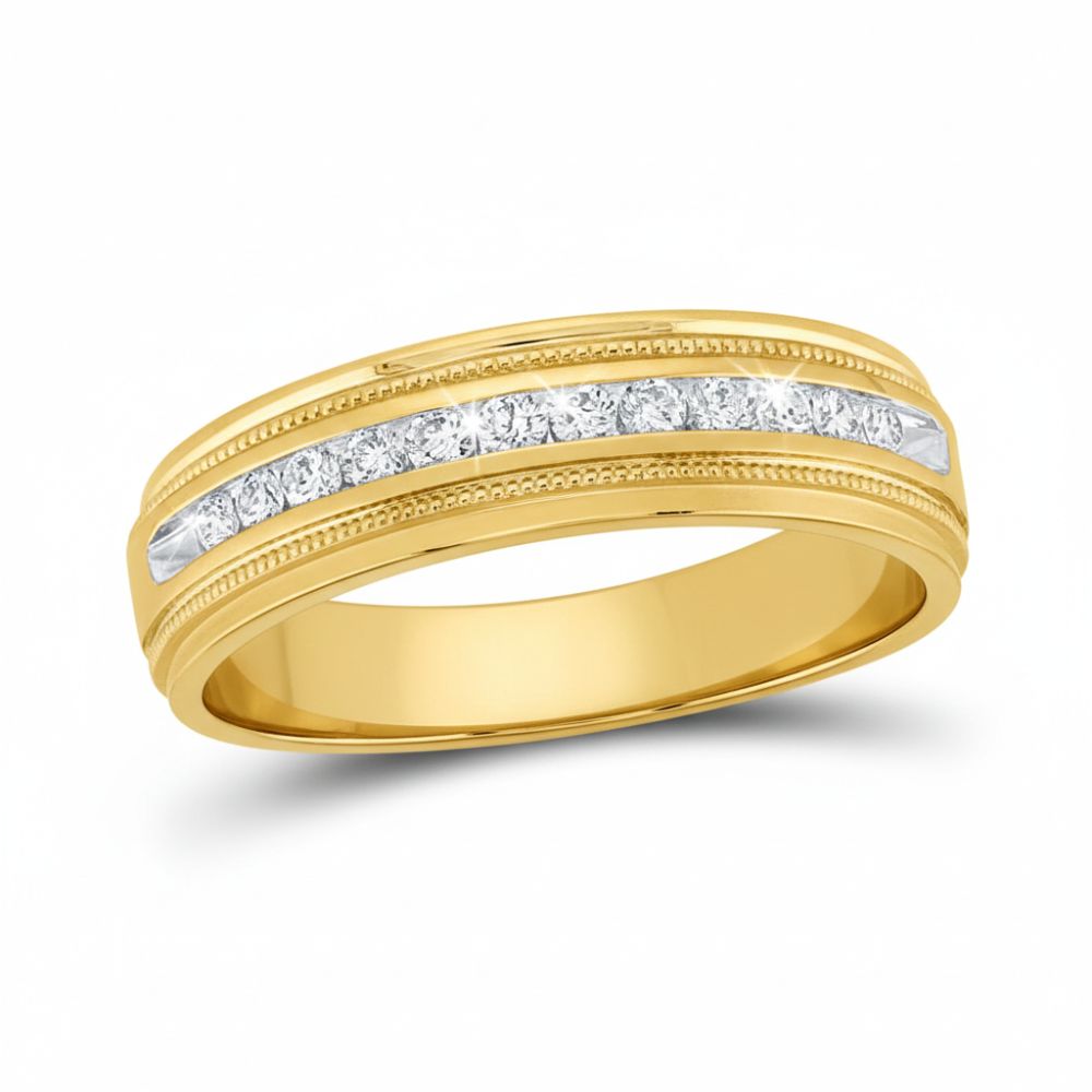 The 10k Gold Round Diamond Wedding Band 1/4 Cttw features round diamonds set in a single row with fine edge detailing, showcased on a white background.