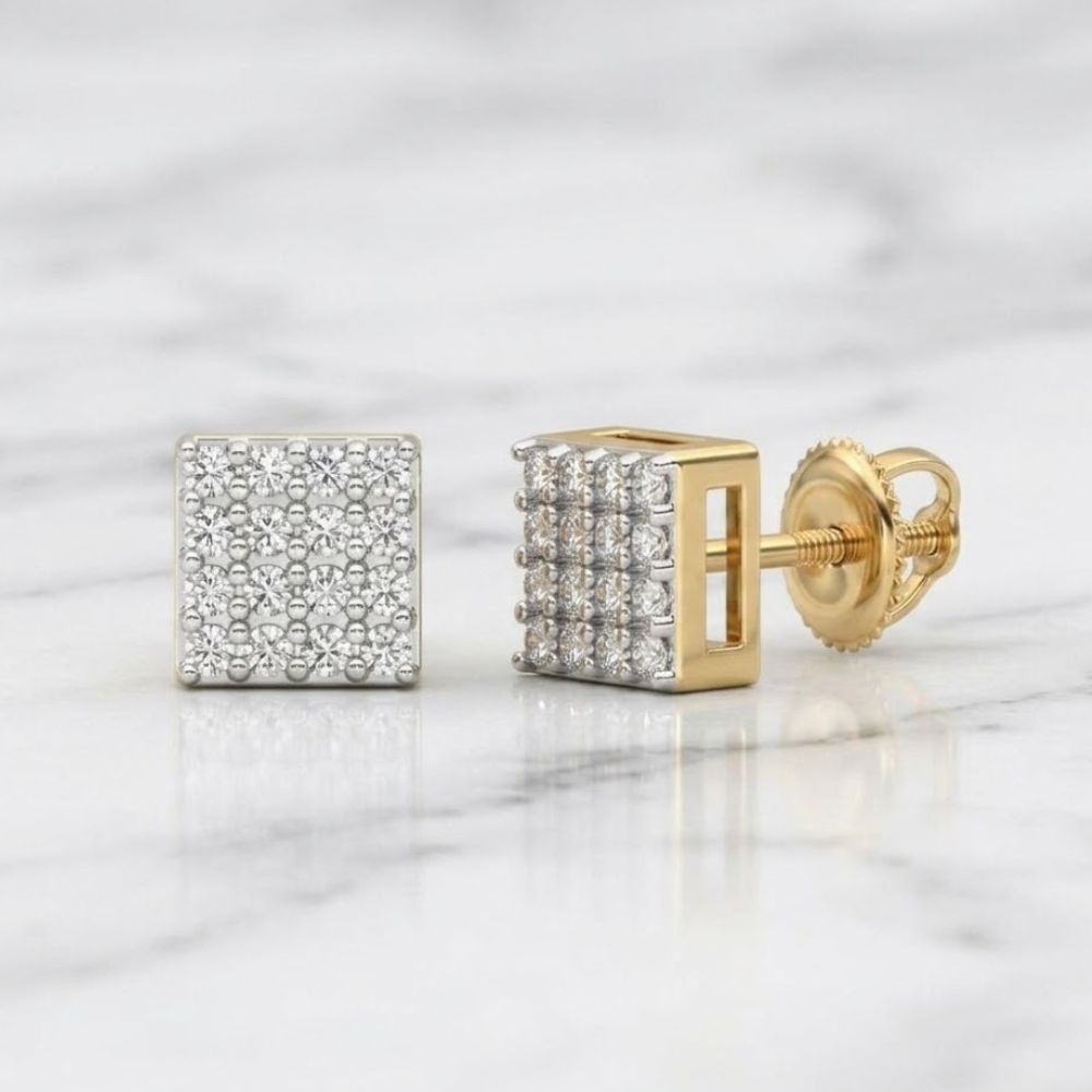 The Sterling Silver Diamond Square Earrings 1/6 Cttw are shown on white marble—one flat, one upright to highlight the square grid of sparkling diamonds and screw-back post.