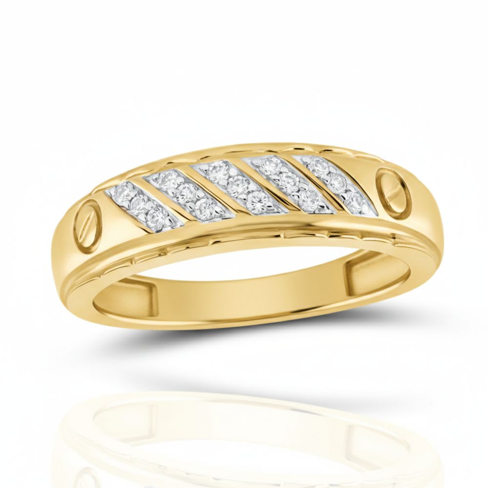 The 10K Yellow Gold 1/5 CTW Diamond Wedding Band features a row of diagonal inset diamonds and engraved oval accents, displayed on a white background with a subtle reflection—an elegant and unique choice for your special day.