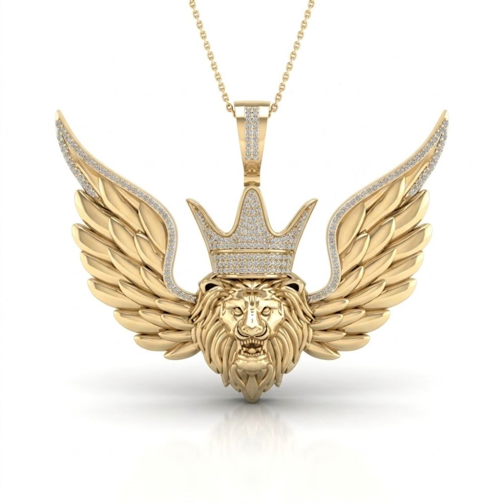 This 10K Gold Diamond Lion Crown Charm Pendant (1/2 CTW) features a crowned and winged lion adorned with sparkling diamonds, crafted in yellow gold for a bold hip hop jewelry look.