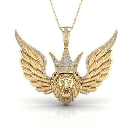 This 10K Gold Diamond Lion Crown Charm Pendant (1/2 CTW) features a crowned and winged lion adorned with sparkling diamonds, crafted in yellow gold for a bold hip hop jewelry look.