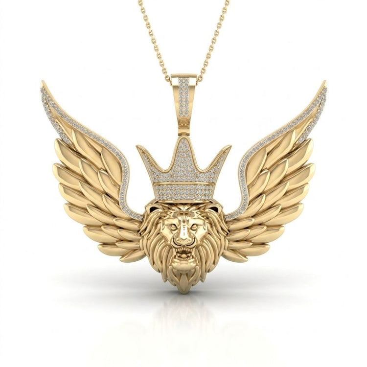 This 10K Gold Diamond Lion Crown Charm Pendant (1/2 CTW) features a crowned and winged lion adorned with sparkling diamonds, crafted in yellow gold for a bold hip hop jewelry look.
