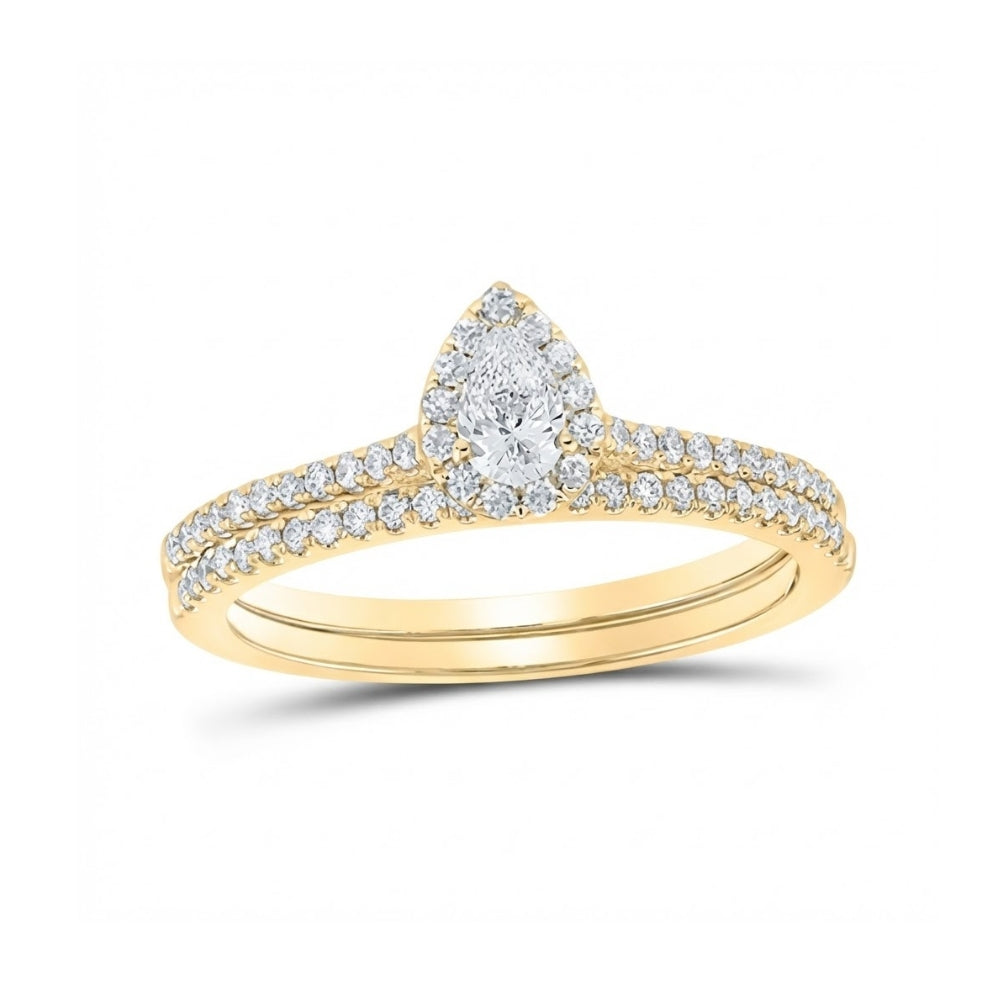 14k Gold Pear Diamond Halo Wedding Ring Set