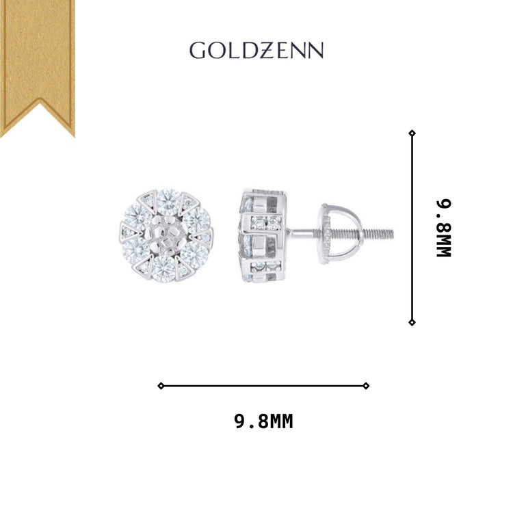 Sterling Silver Moissanite Stud Earrings for Women with a round floral halo design are shown from the front and side in white metal. Each earring measures 9.8 mm wide by 9.8 mm tall, with the brand name GOLDZENN displayed above.